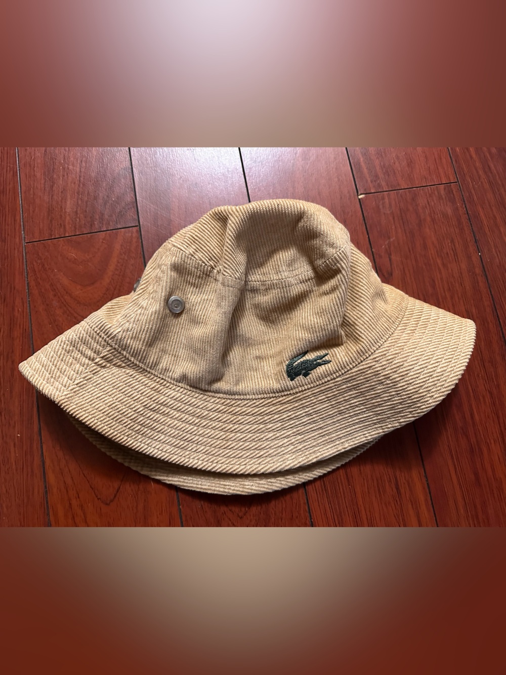 Lacoste Tan Corduroy Bucket Hat with Green Croc Emblem